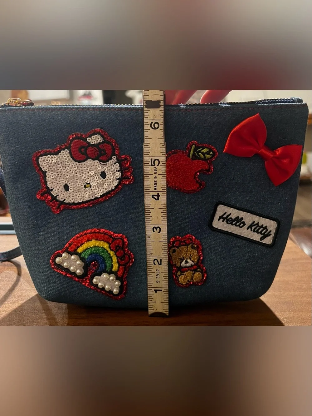 Hello Kitty Denim Wristlet Pouch Sanrio Sequin Patch Cosmetic Bag Kawaii